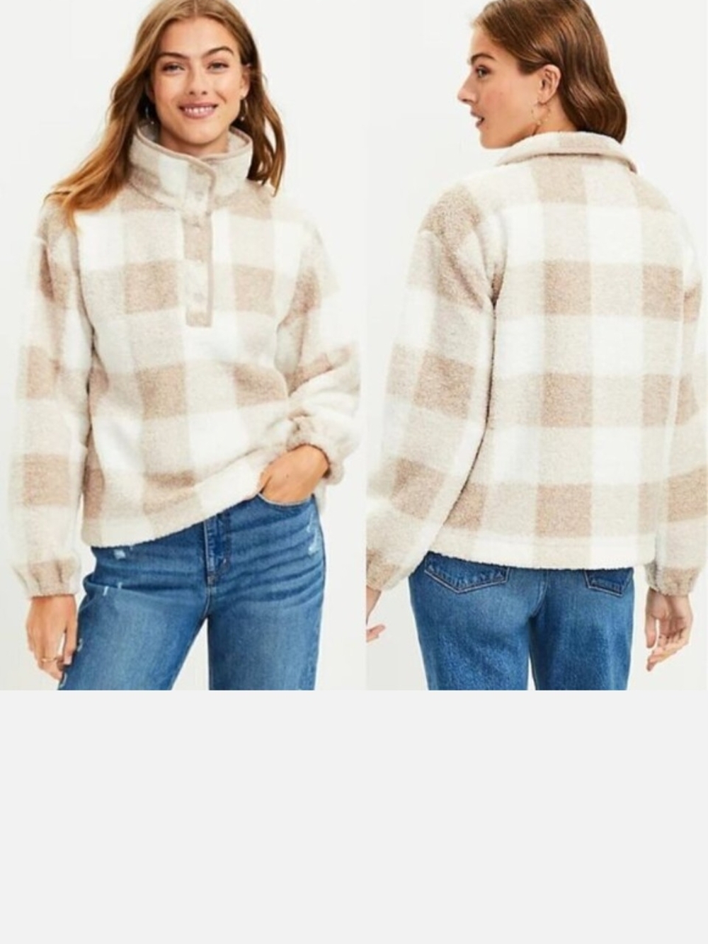 LOFT Plush Plaid Sherpa Pullover - Cream & Beige